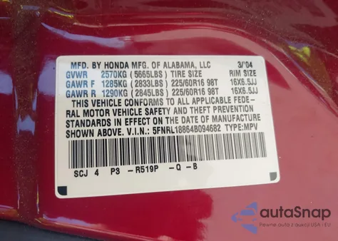 2004 Honda Odyssey Ex from USA, damaged, VIN 5FNRL18864B094682